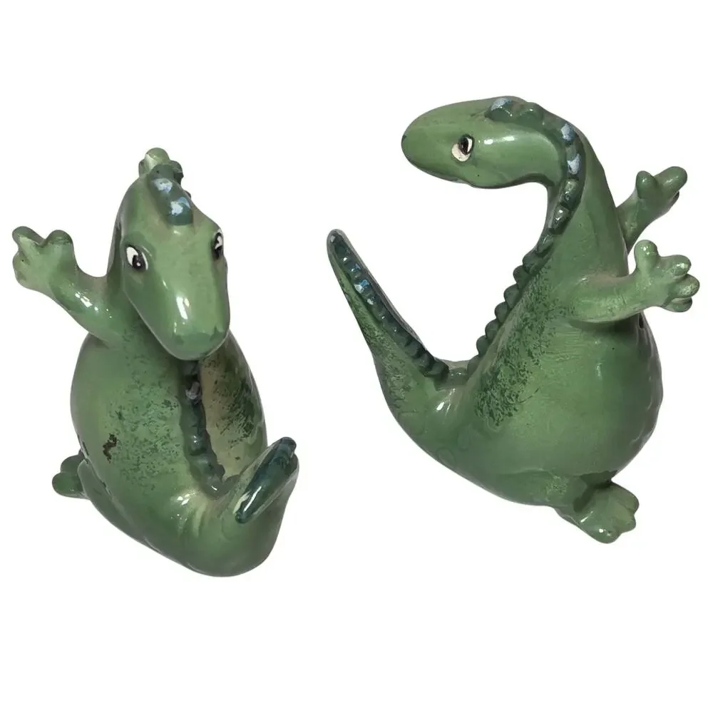 Vintage 1950s Norcrest Dinosaur Salt & Pepper Shakers Japan Green MCM Kitsch